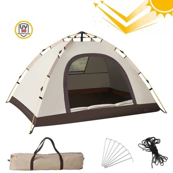 Cort camping pliabil OEM, 2-3 persoane, 200 x 140 x 115 cm, impermeabil, material poliester 190T, structura fibra de sticla, montare usoara, culoare crem