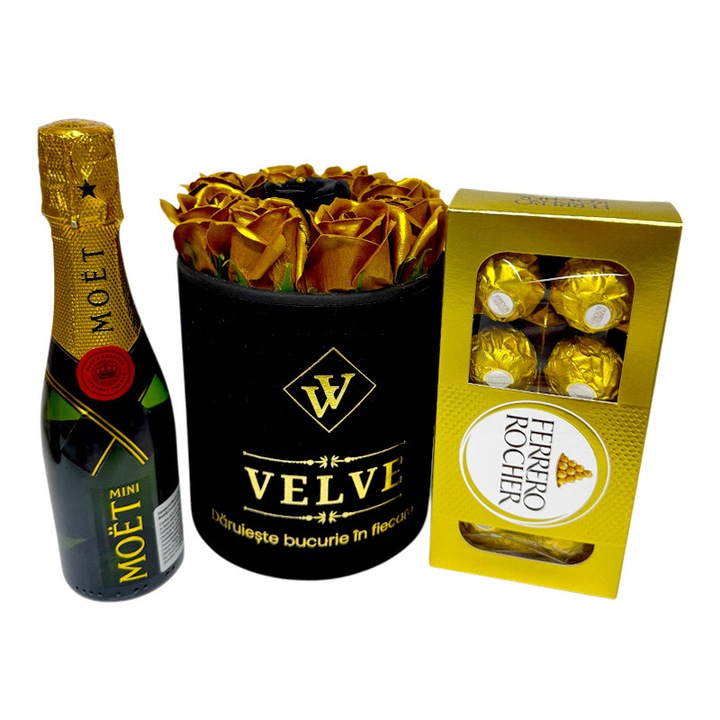 Cadou premium pentru femei cu trandafiri aurii de sapun, Ferrero Rocher si Moet 200 ml, Velve