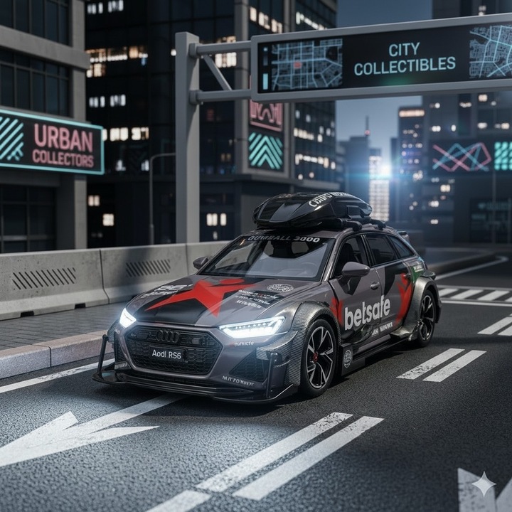 Macheta Audi RS6 Avant "Gumball 3000 Edition", metalică, verde mat, cu lumini și sunete, scara 1:32