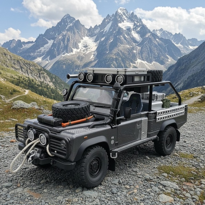 Land Rover Defender Expedition modellautó, 1:24, metál szürke, hangokkal és fényekkel, teljes tartozékokkal