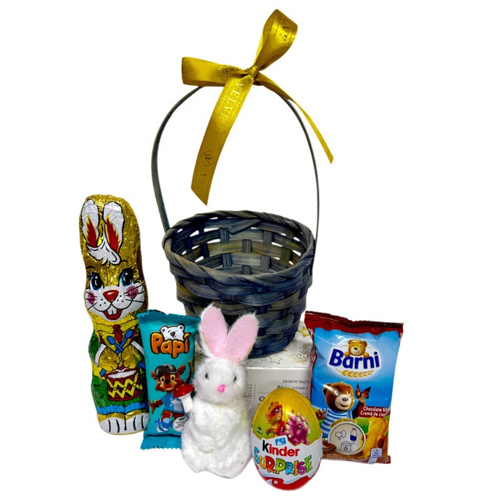 Cos cadou de Paste Sweet Bunny pentru copii, cu Kinder Surprise, iepuras decorativ si selectie dulciuri, Velve