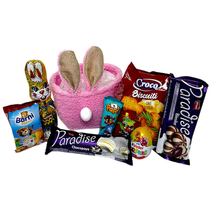 Cos cadou de Paste Pink Bunny Mix pentru copii, cu Kinder Surprise si dulciuri, Velve