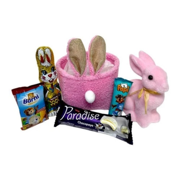 Cos cadou de Paste pentru copii Bunny Joy cu iepuras decorativ roz si selectie dulciuri, VELVE
