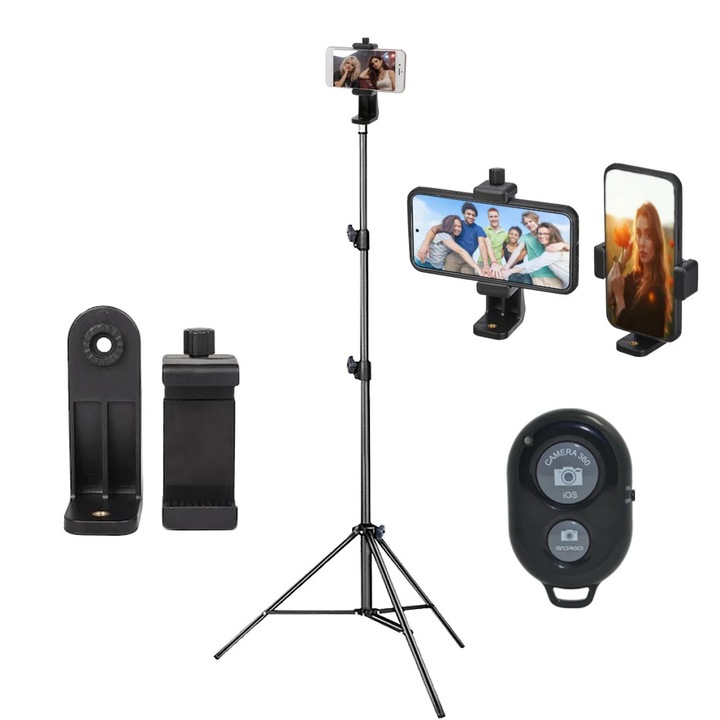 Trepied telefon Dactylion 180 cm, aluminiu, suport reglabil 5.5-10 cm, telecomandă bluetooth