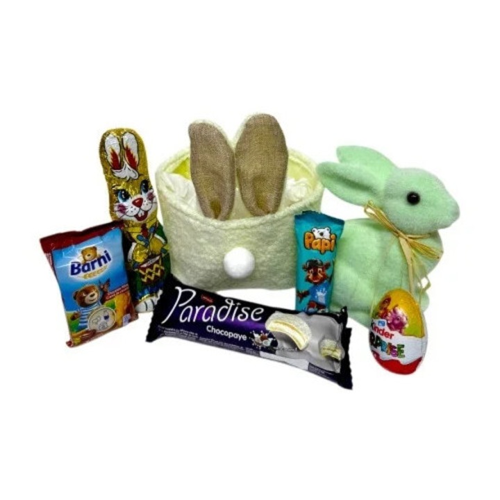 Cos cadou de Paste pentru copii Bunny Joy Kinder cu iepuras decorativ verde pastel si selectie dulciuri, Velve