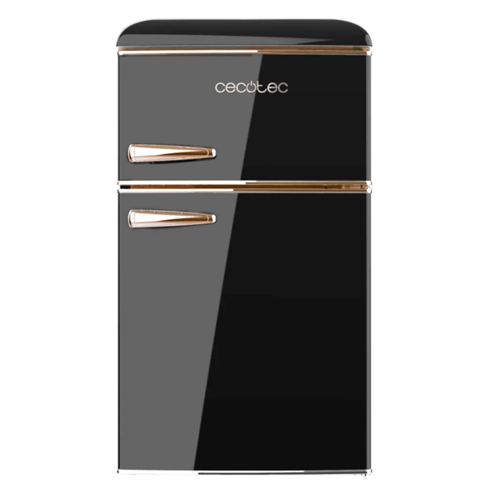 Mini frigider Retro Cecotec, Bolero CoolMarket, 86 litri, H 89.3 cm, congelator 26 litri, 2 rafturi sticla securizata, 1 compartiment fructe/legume, 3 compartimente usa, compartiment congelator, iluminare LED, termostat ajustabil manual, negru