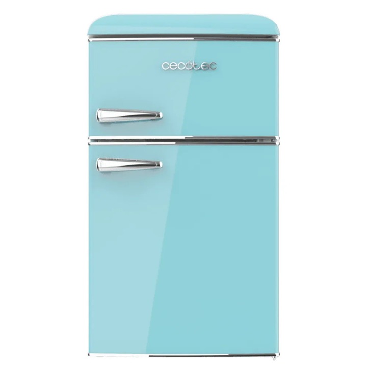 Mini frigider Retro Cecotec, Bolero CoolMarket, 86 litri, H 89.3 cm, congelator 26 litri, 2 rafturi sticla securizata, 1 compartiment fructe/legume, 3 compartimente usa, compartiment congelator, iluminare LED, termostat ajustabil manual, blue