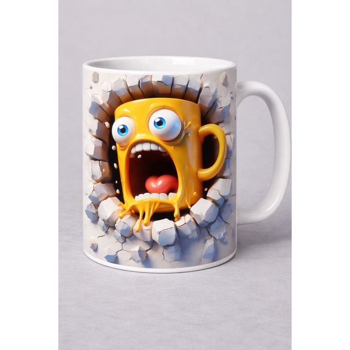 Cana personalizată cu emoji speriat, Green Print, design 3D, ceramică premium, 330 ml