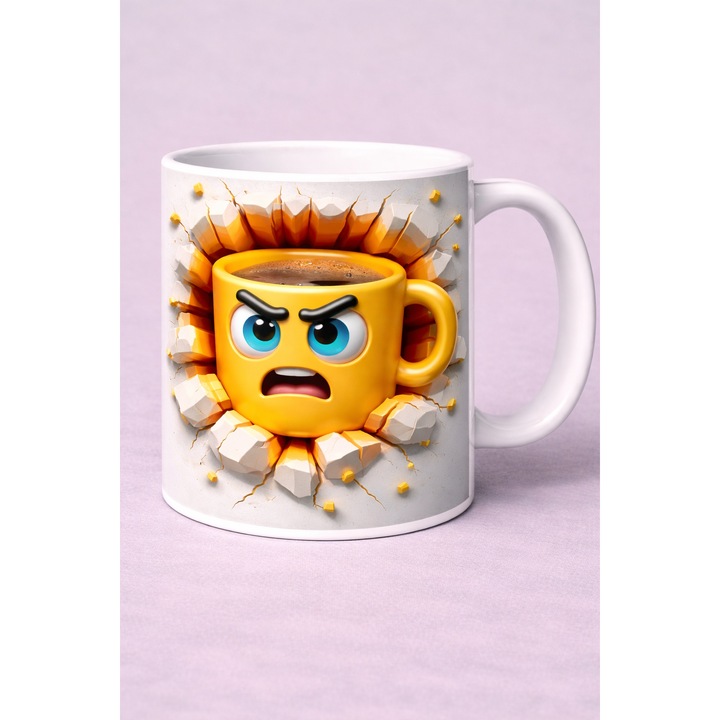 Cana personalizată cu Emoji Confuz, Green Print, design 3D, ceramica premium, 330 ml