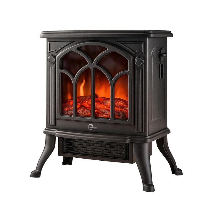 Semineu electric Sannover Ideria 1800W, design compact, putere reglabilă, 3D flacără LED, 445x390x235mm