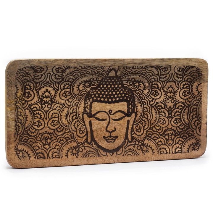 Figura, Fa, Többszínű, 30x15x2.5cm, Téglalap alakú tálca - Gravírozott Buddha