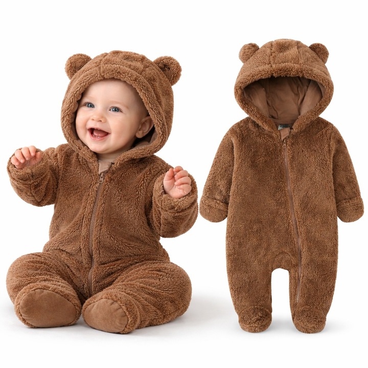 Costum Ursulet Copii Bebelusi, 0-1 an, ONE SIZE, Tip Salopeta Teddy, Combinezon Plus Pufos cu Gluga, Material Moale Confortabil, Costum Carnaval Halloween Serbare, Tinuta Foto, Cadou Copii, Culoare Maro