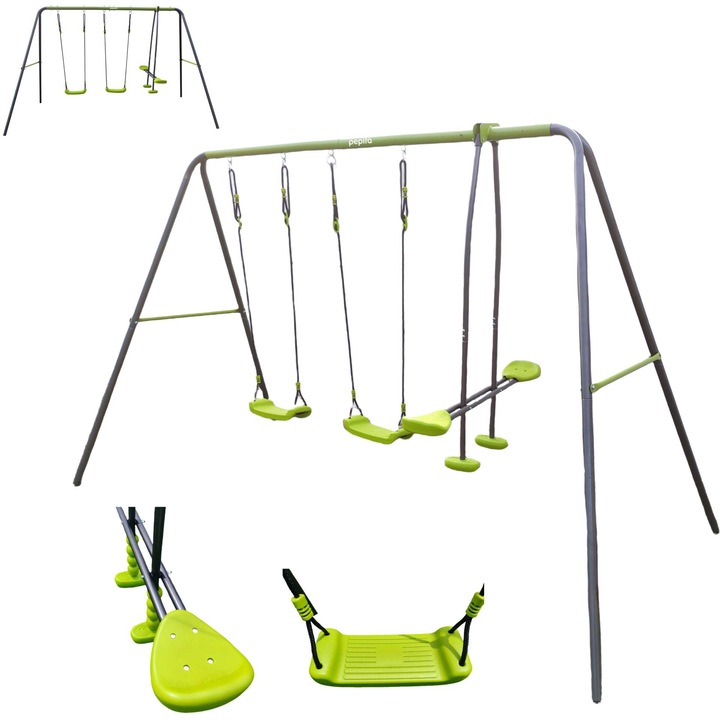 Pepita Basic 4 személyes kerti acél Hintaállvány hintákkal - lime-szürke