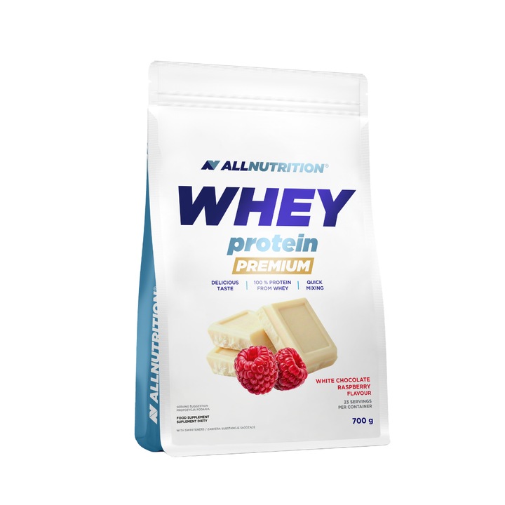 Proteine din zer ALLNUTRITION Whey Protein Premium 700g, Ciocolata alba - zmeura, pudra proteica, fara zahar