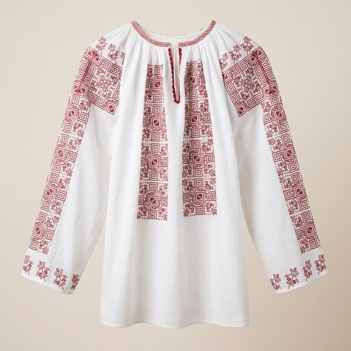 Ie traditionala dama, bumbac, broderie visiniu, model Muntenia, marimea XL