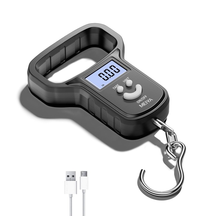 Cantar pentru bagaje de inalta precizie, DEYKAY, 10 lb/50 kg, Afisaj LCD Iluminare de Fundal, Incarcare Rapida Prin USB, Precizie Ridicata 0,01 kg, Maner Mare, Patru Conversii de Unitati, Portabil Pentru Calatorii si uz Casnic, Negru