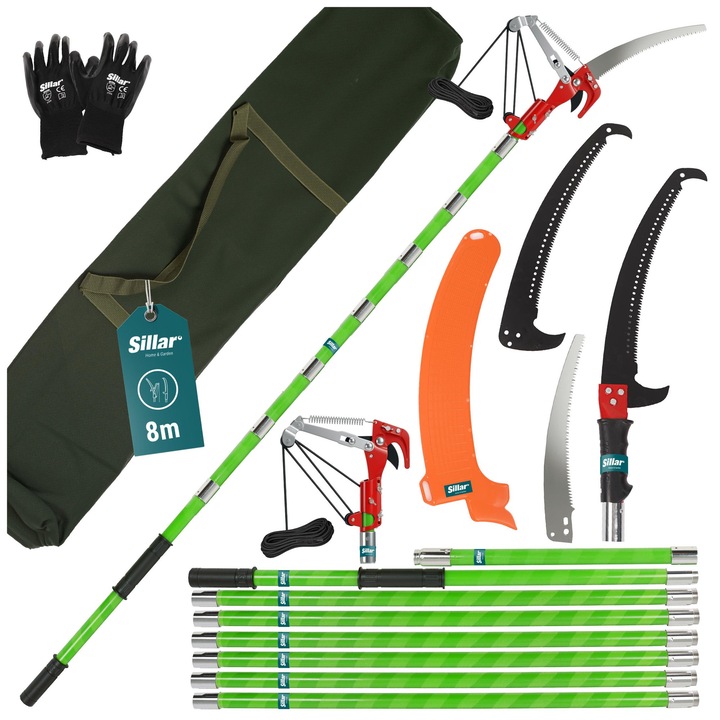 Fierastrau manual de gradina Sillar, telescopic, 8 tije telescopice, reglabil in intervalul 2 m – 8 m, mod 2 in 1: foarfeca de gradina + 3 lame, set pentru lucrari de taiere