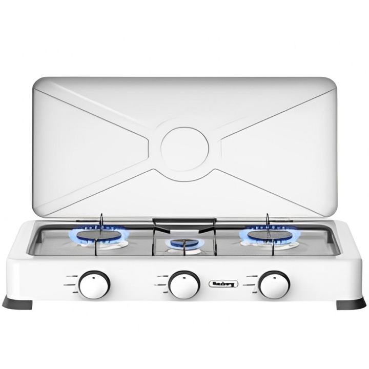 Троен газов котлон с капак Rosberg R51454E3, 30mbar, 2x2.2kWh+1x1kWh, 60 х 33 х 8.5 сантиметра, Бял