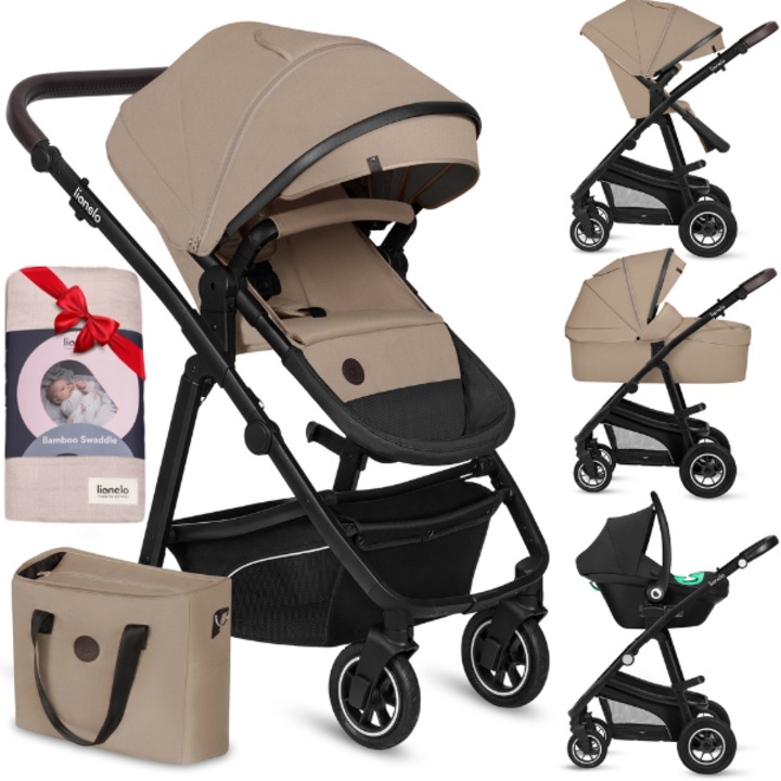 Carucior 3 in 1, Lionelo, Bianka, Transformabil, Cadru aluminiu, Cu landou si salteluta moale, Cu scoica auto, Cu multiple accesorii, Sustine 22 kg, 0 luni+, EN1466:2014+AC:2015, EN1888, Bej