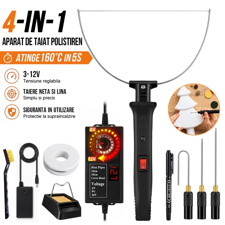 Aparat de taiat polistiren 4 in 1, Cu Controler Digital de Tensiune, cu fir cald, 24W, BYONDSELF®, Include stilou de curatare, pentru taiat si gravat, spuma, placi KT, EVA, EPP, Negru