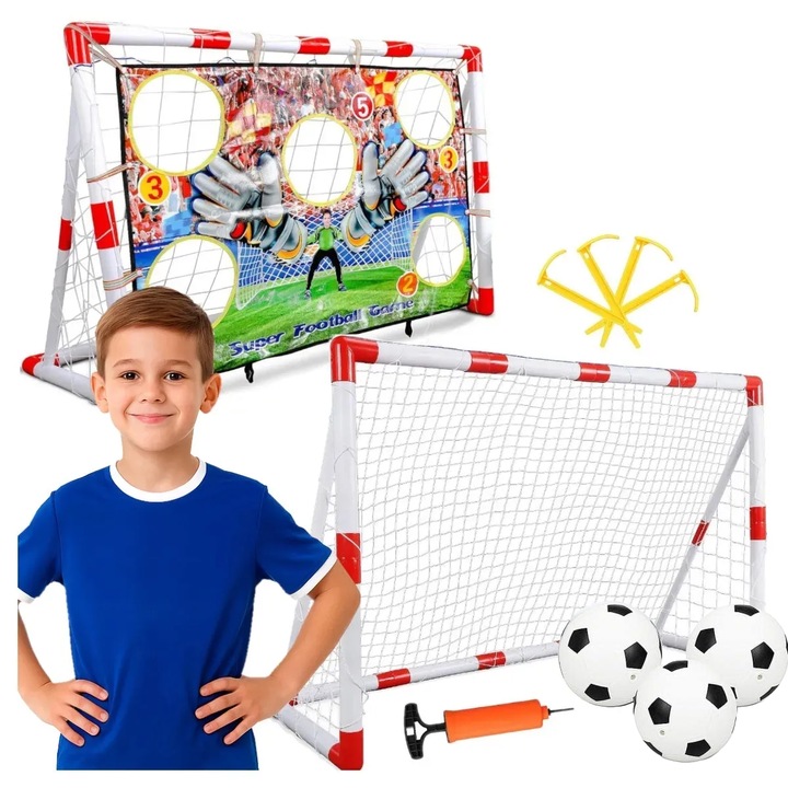 Poarta de Fotbal pentru Copii SmartGoal Pro, Set cu 3 Mingi, Pompa si 4 Tarusi, Plasa Antrenament cu Tinta 5 Zone, Portabila, pentru Curte, Parc, Interior, Inaltime 87 cm, 3 Ani +, White/Red