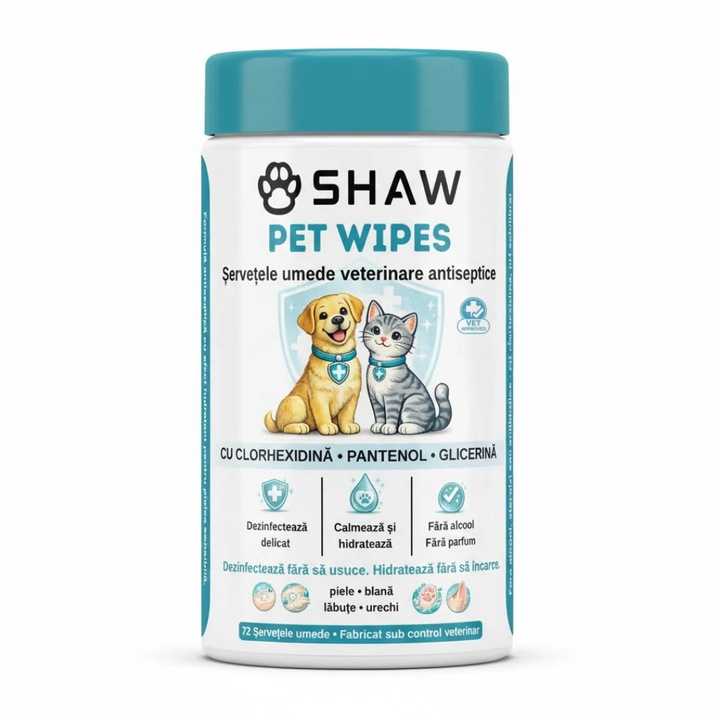 Servetele umede cu clorhexidina pentru caini si pisici, SHAW, Dezinfectare si hidratare zilnica