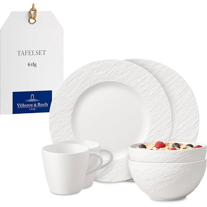 Set mic dejun 6 piese Villeroy & Boch Manufacture Rock Blanc, portelan premium alb, pentru 2 persoane, cesti + boluri + farfurii