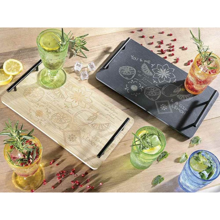 Tavă din lemn și metal, Decorer, 35x20x4.5cm, negru, modern