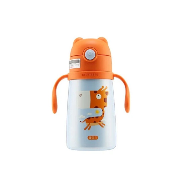 Gyermek termosz fülekkel és szívószállal, Zsiráf, 320 ml, Kék