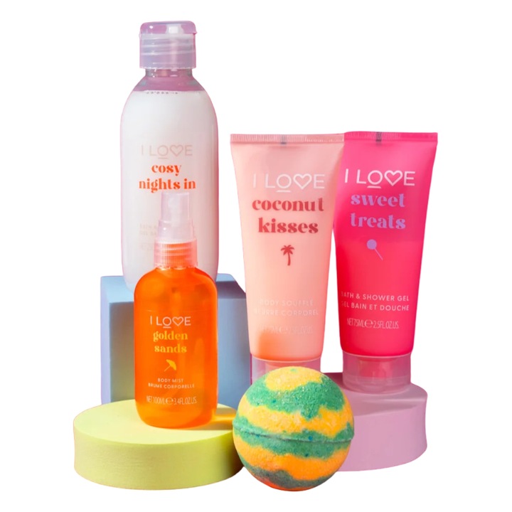 Set lotiune si gel de dus I Love, Coconut Kisses 75 ml, Pina Colada 120 g, Golden Sands 100 ml, Sweet Treats 75 ml, Cosy Night's 250 ml, pentru toate tipurile de piele