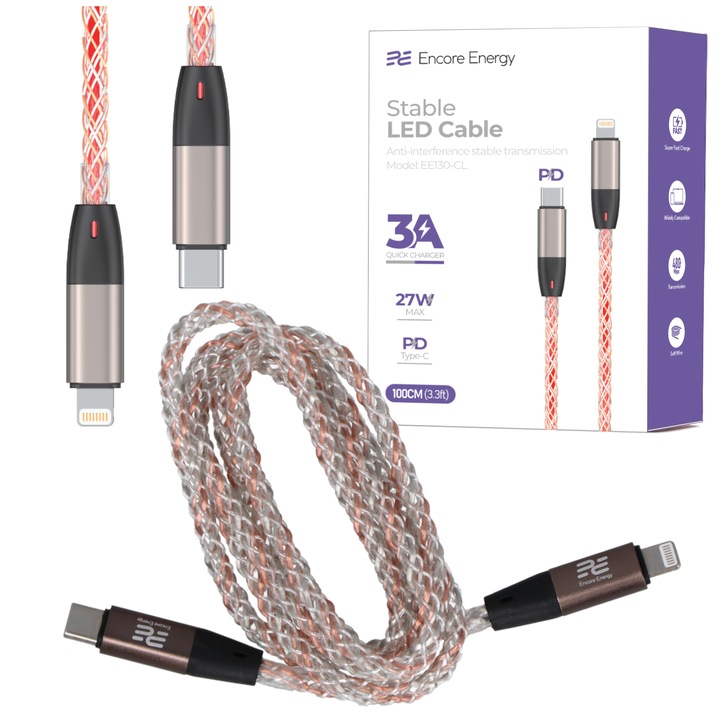 Cablu date și încărcare rapide Encore Energy, USB-C - Lightning, 27W, RGB, 1m
