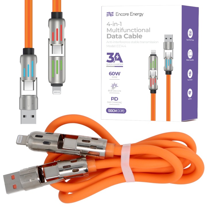 Cablu date 4in1 Encore Energy, USB-C, USB-A, Lightning, 60W, iluminat RGB, portocaliu, 1m