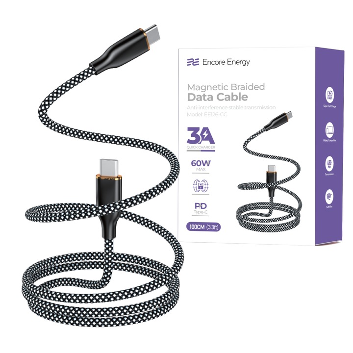 Cablu date și încărcare rapidă USB-C, Encore Energy, 60W, alb-negru, 1m