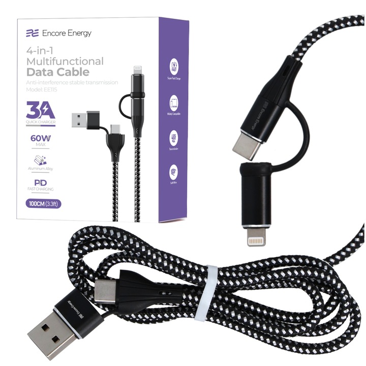 Cablu date 4in1 Encore Energy EE115, USB-C, USB-A, Lightning, incarcare rapida 60W, Gri, 1m