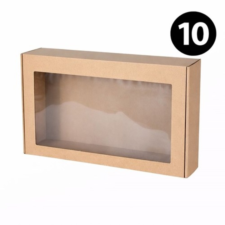 Set 10 buc, Cutie decorativa pentru cadouri, cu fereastra, 550x300x150mm, Maro EKO, Reciclabila
