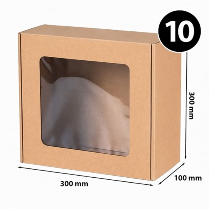 Set 10 Cutie cadou, cu fereastra, patrata, 300x300x100mm, Natur, din carton ondulat, Gramaj 370 g/m², F427