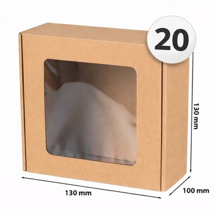 Set 20, Cutie NEOPAK Decorativa, fasonata, cu fereastra, 130x130x100mm, Maro EKO, din carton ondulat
