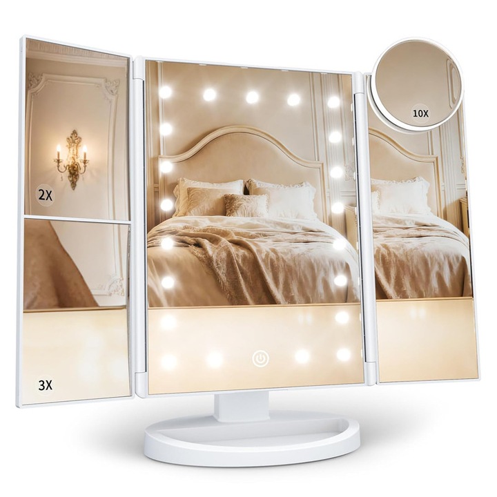 LED Kozmetikai Tükör, Duueyct, 2X/3X/10X nagyítás, Érintésvezérlés, Állítható Fényerő, Összecsukható Háromrészes, Kettős Tápellátás, Sminkhez és Személyes Ápoláshoz
