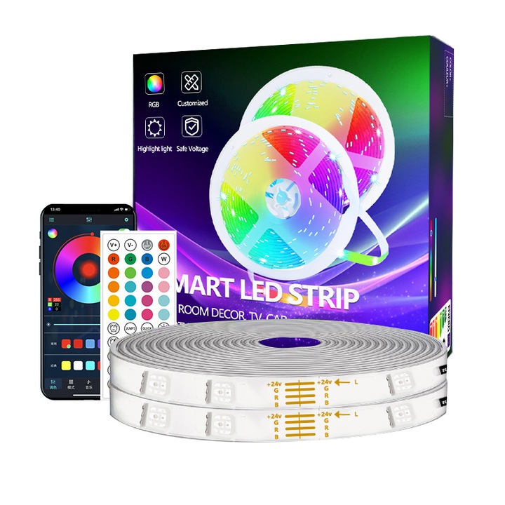 Kit Banda LED 30 metri, Omelivon, Bluetooth, Aplicatie telefon, Adeziva, Telecomanda, Mod muzica, Timer, Intensitate lumina reglabila, IP20, 16 leduri/m 3535 RGB, Set de 2 role