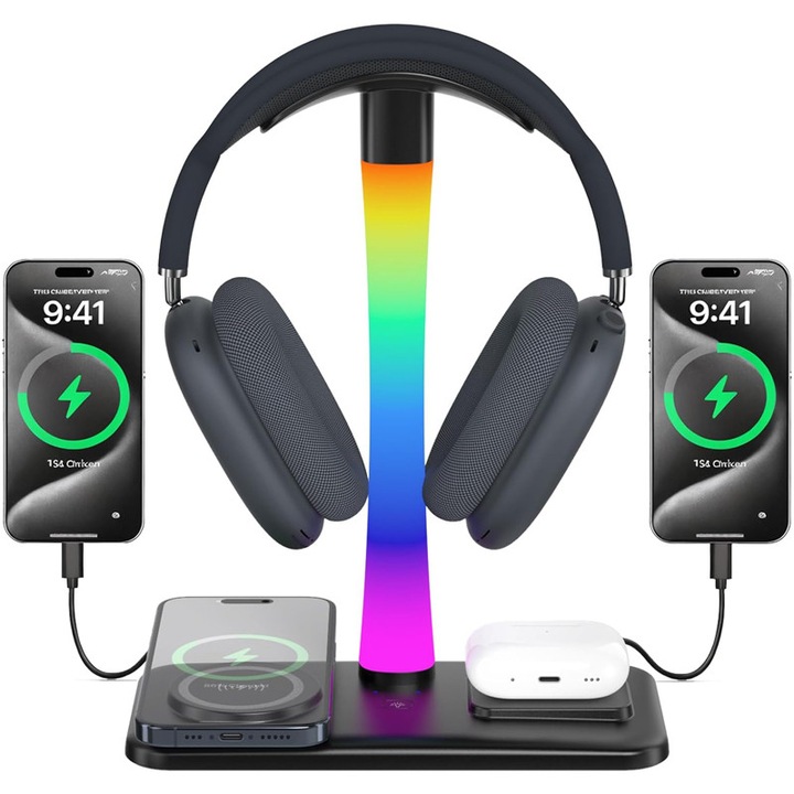 Suport pentru casti cu functie de incarcare wireless 5-in-1, Rqiurpn, 7 moduri de iluminare RGB, Plug and play, Antiderapant, Detasabil, TYPC-C+USB, 20*9.8*24.8cm, Negru