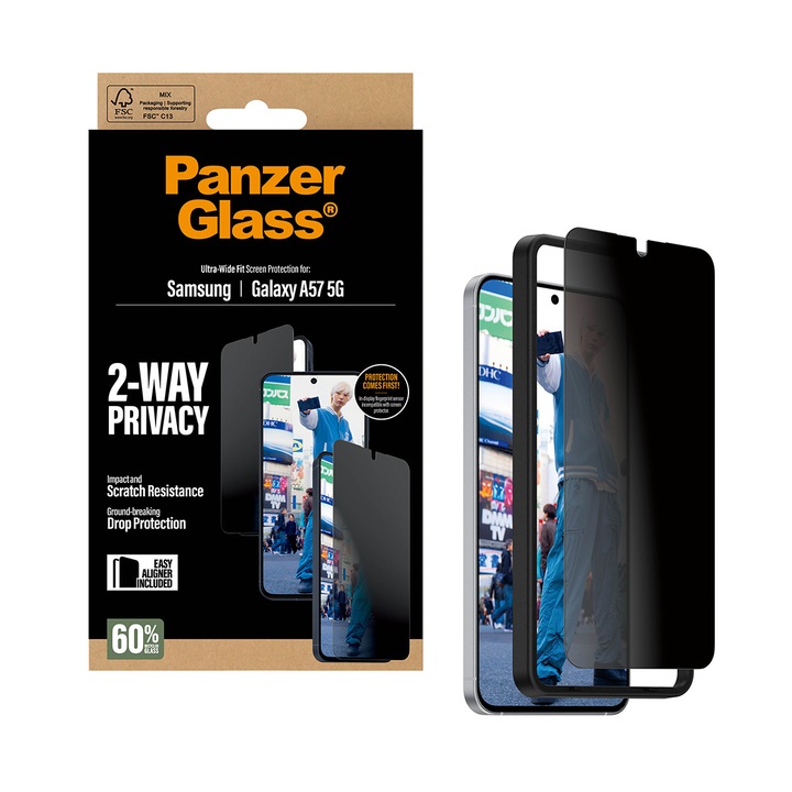 Стъклен протектор PanzerGlass за Samsung Galaxy A57 5G, Privacy, Ultra-Wide Fit, EasyAligner, Черен