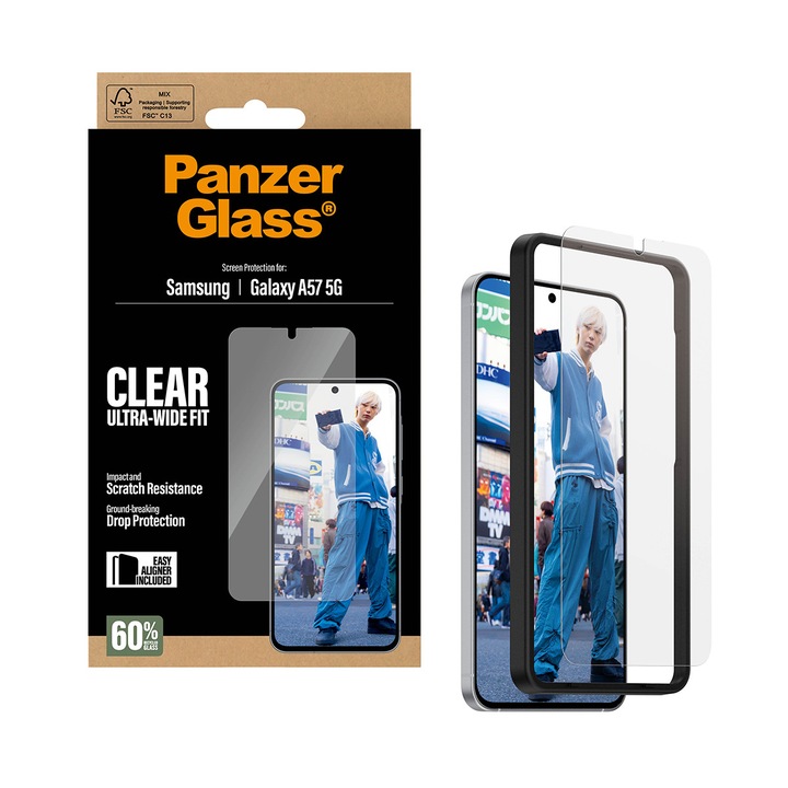 Стъклен протектор PanzerGlass за Samsung Galaxy A57 5G, Ultra-Wide Fit, EasyAligner, Прозрачен