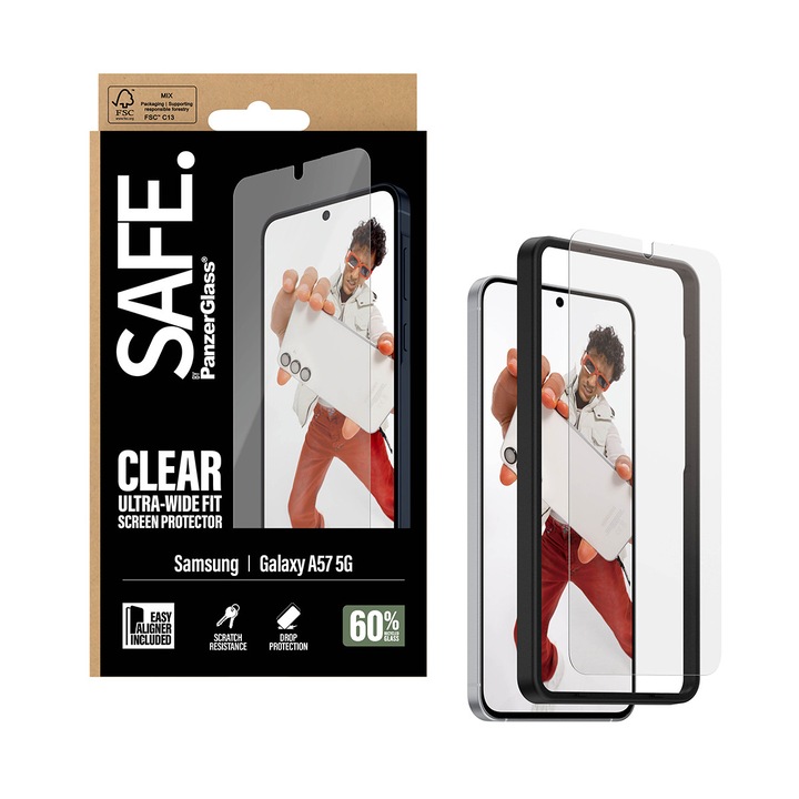 Стъклен протектор SAFE за Samsung Galaxy A57 5G, Ultra-Wide Fit, EasyAligner, Прозрачен