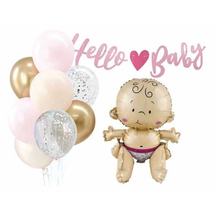 Set baloane Hello Baby fetita 10 buc, Balloons4party, design delicat, nuante pastel, cu banner
