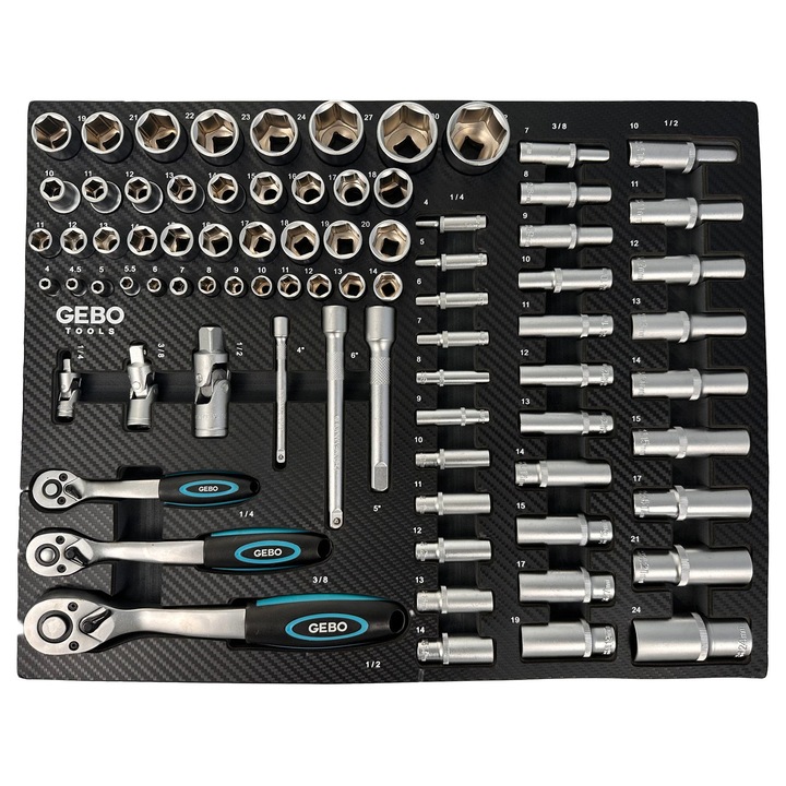Set modul dulap chei tubulare și clichet, Gebo Tools, 81 piese, oțel crom-vanadiu, 54x39.5x3cm