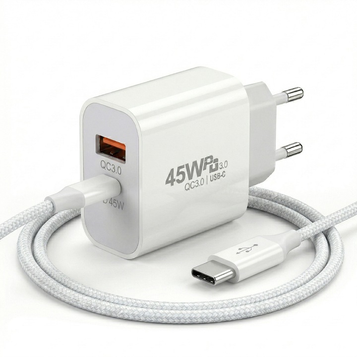 Incarcator de retea Wyred by Monga Power 45CA 1M, 45W, Fast Charge, Dual Port, cu Cablu Textil USB-C la USB-C 60W de 2m, Alb