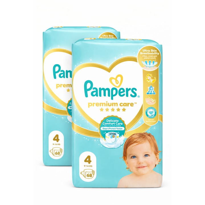 Scutece Pampers Premium Care, Marimea 4, 2 baxuri x 68 buc, Stop & Protect, Ultra Soft