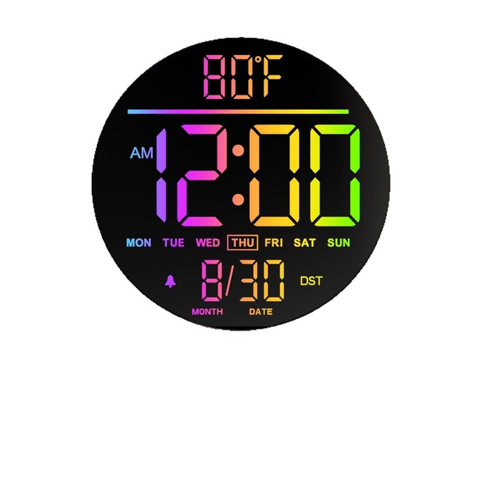 Ceas decorativ digital 10 inch, alarma, cronometru, display LED mare, RGB, negru