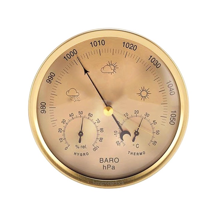 Termometru Meteo 3-in-1, 130mm, barometru, higrometru, finisaj auriu, montare pe perete