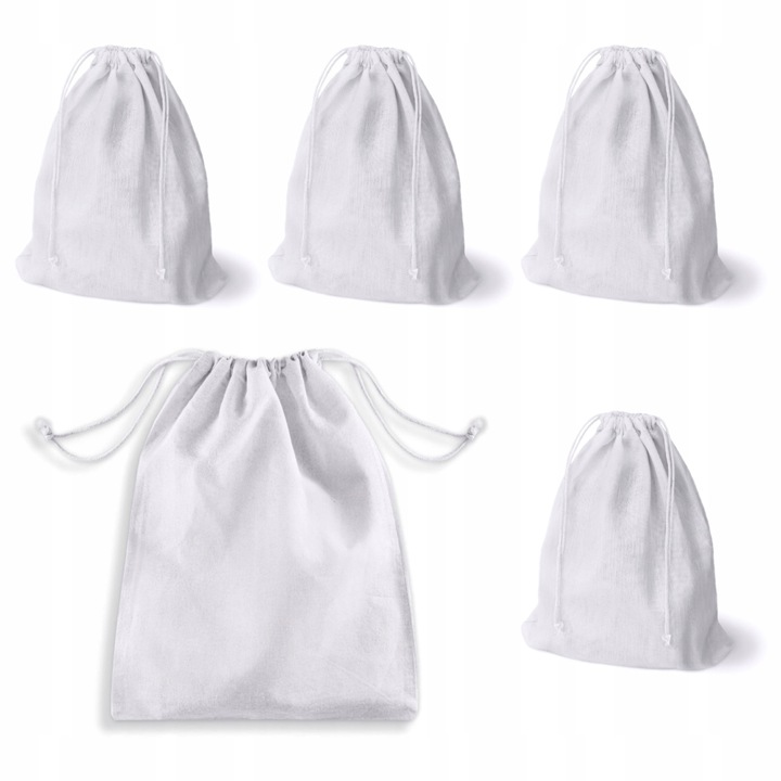 Set 5 pungi din bumbac 25x30 cm, Allbag, alb, 145g/m, pentru bijuterii si cumparaturi